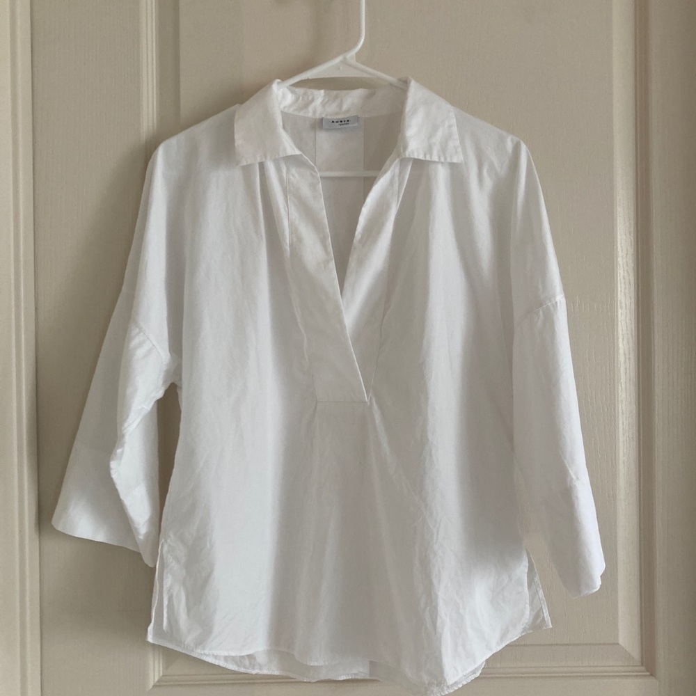 Akris Top Womens Size 6 Punto Collar Poplin Jersey Blouse White